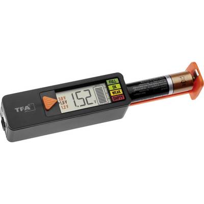 Un testeur de batterie affiche '1.52V' pour une pile AA. Affichage avec code couleur : rouge (vide), jaune (faible), vert (ok), vert foncé (pleine).