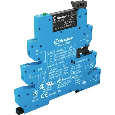 Un module de relais bleu avec des inscriptions noires et blanches, contenant des données électriques et un marquage de marque.