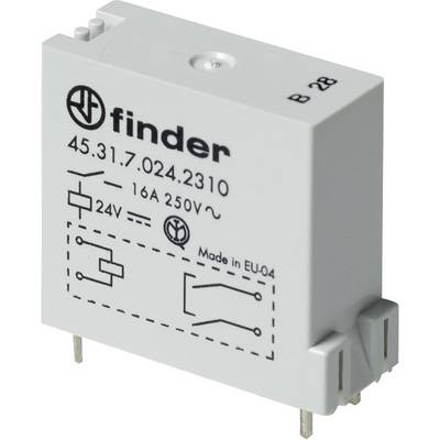 Relais gris de Finder avec l'étiquette '45.31.7.024.2310'. Adapté pour 16A, 250V. Affiche des symboles de commutation et l'origine 'Made in EU-04'.