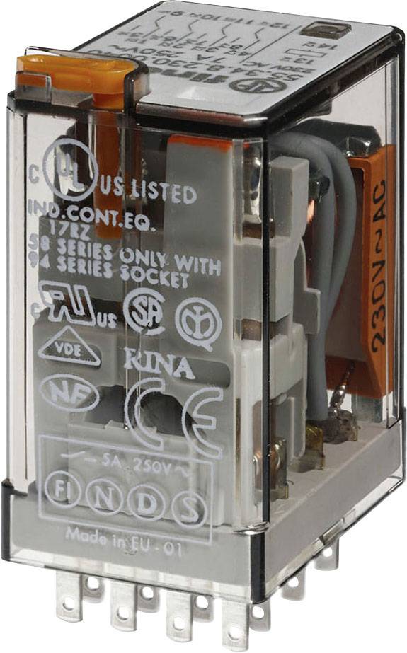 Un relais transparent avec des contacts métalliques et un levier orange, imprimé de symboles techniques et d'une indication 230V AC.