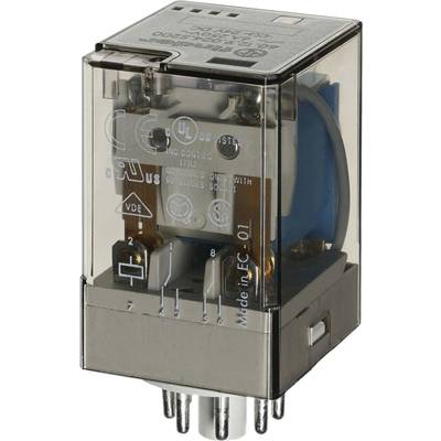 'Relais électromagnétique avec boîtier transparent, montrant les connexions électriques et les spécifications techniques sur le dessus.'