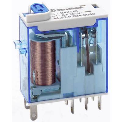 Un relais électromagnétique bleu transparent avec bobine en cuivre et plusieurs connexions métalliques, conçu pour un fonctionnement en 24V DC.