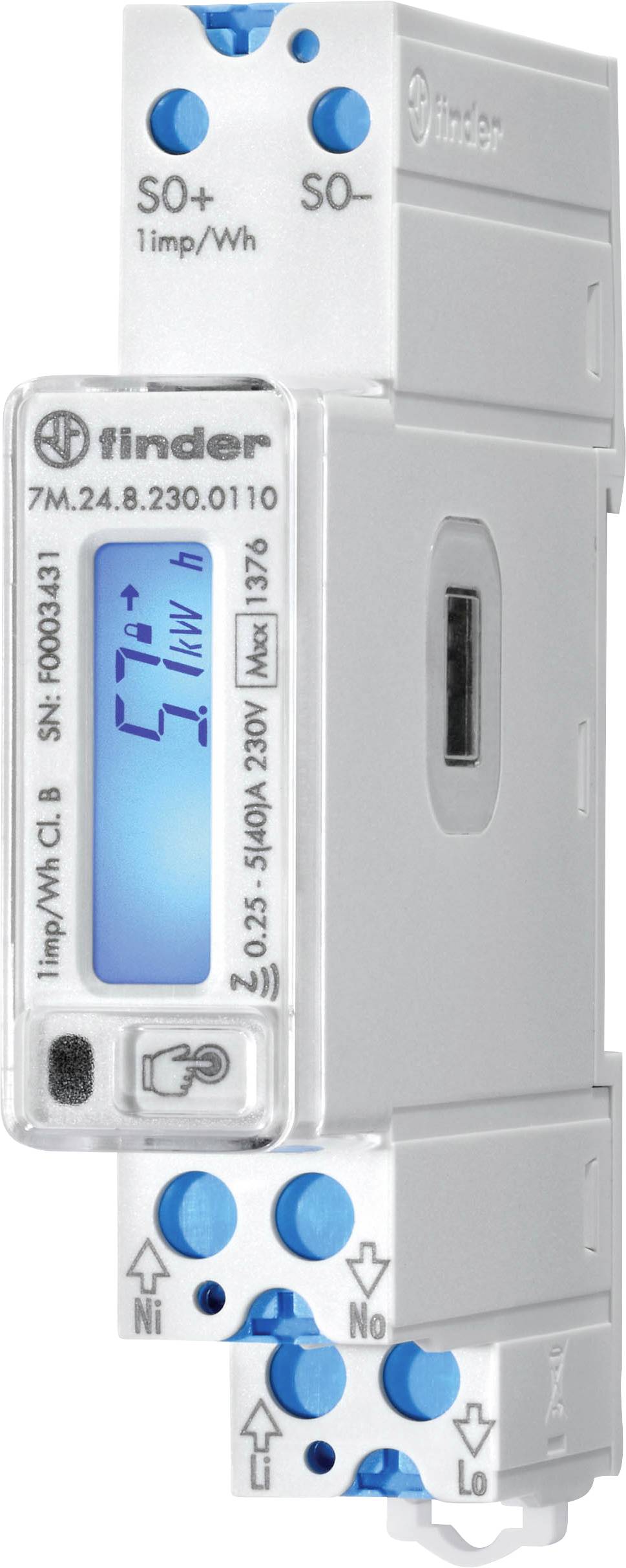 'Compteur d'énergie de la marque Finder avec affichage numérique, indiquant 57 kWh. Bornes de connexion en haut et en bas, avec des éléments de commande bleus.'