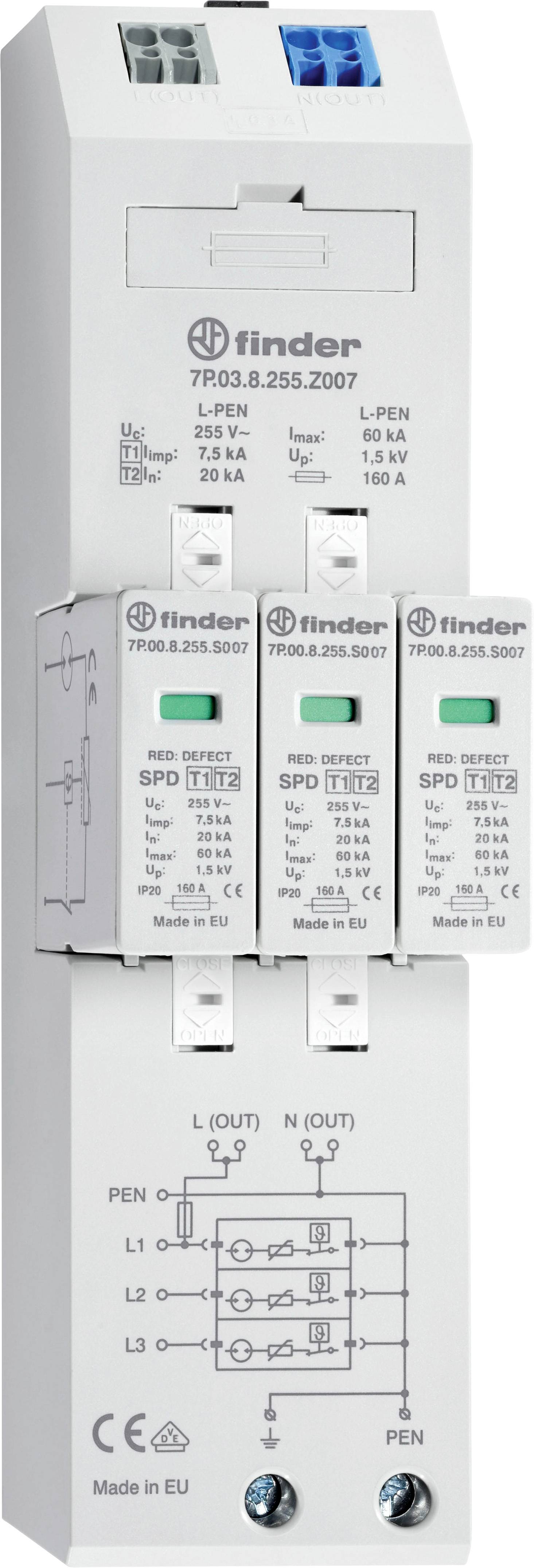 Finder 7P.03.8.255.Z007 7P.03.8.255.Z007 Limiteur de surtension 20 kA 1 pc(s)