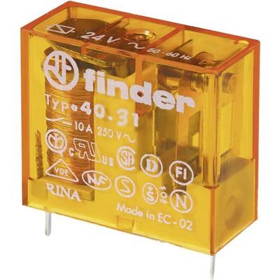 Un relais Finder de couleur jaune, modèle Type 40.31, avec une tension de 24V et un courant de 10A à 250V. Marquages : VDE, CE.