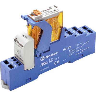 Un relais électrique dans un boîtier bleu, avec un mécanisme de commutation orange, affiche des spécifications de tension sur le côté.