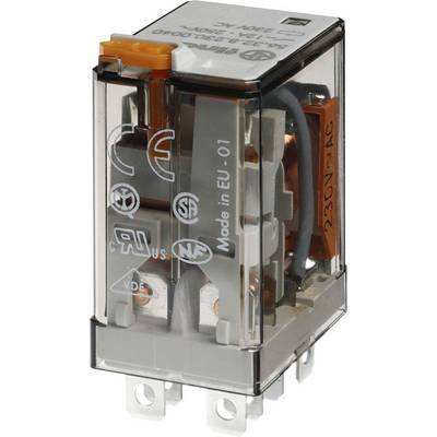 Relais dans un boîtier transparent, montrant les composants électriques internes, étiquetés '230V CA', fabriqué dans l'UE.