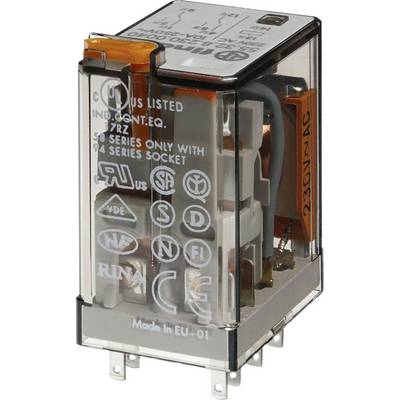 Un boîtier de relais transparent avec divers symboles et certificats de sécurité. Composants internes en cuivre visibles, connexion 230V-AC.