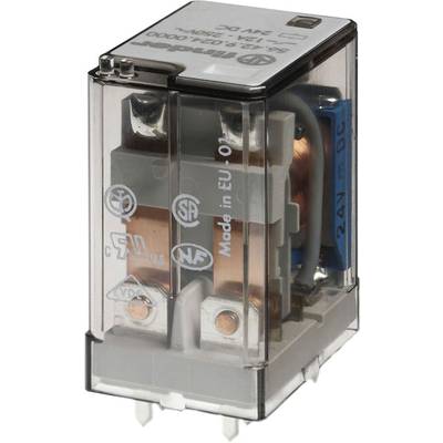 Un relais transparent 24V DC avec des bobines en cuivre et une écriture blanche sur la surface.