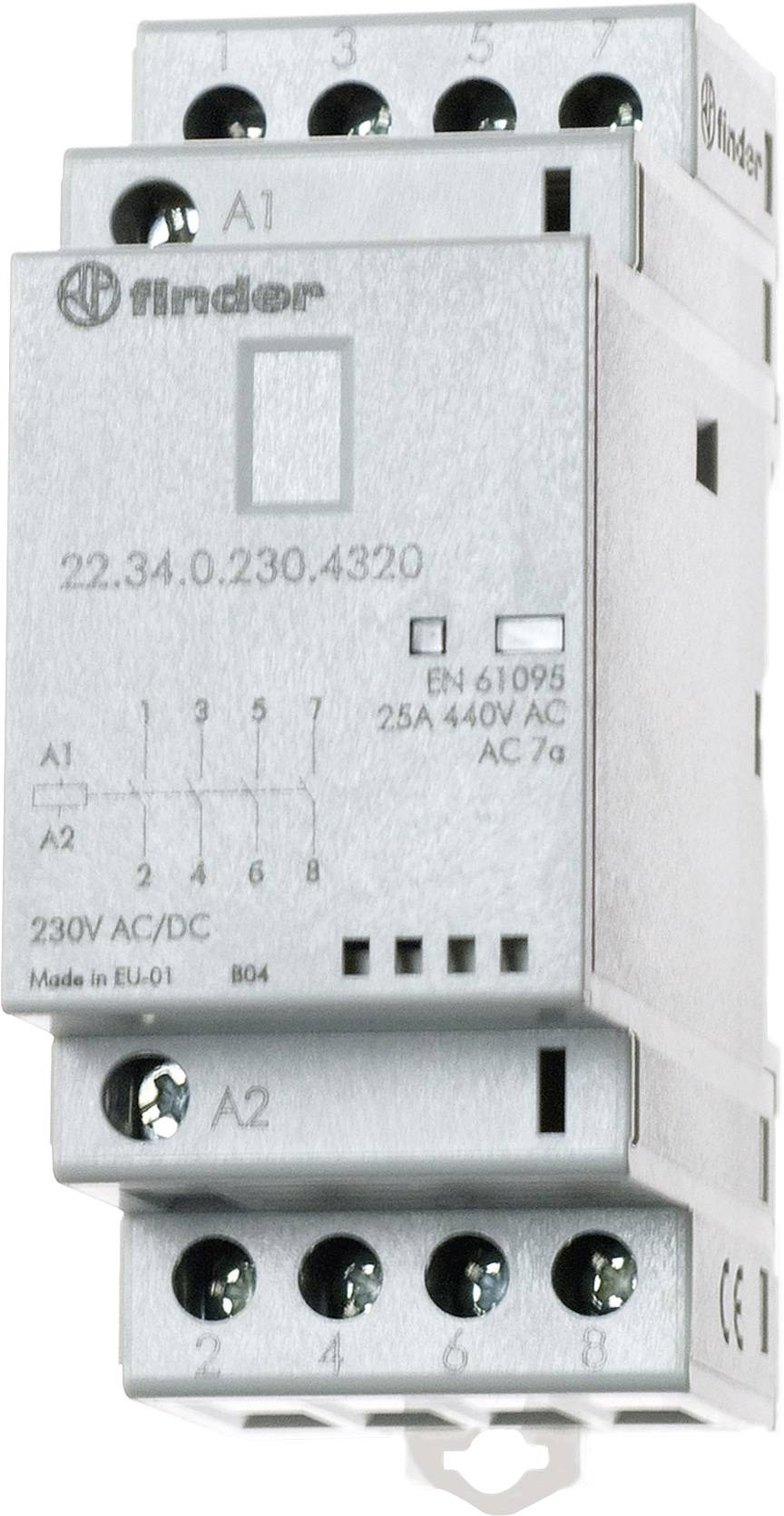 Un relais électrique gris avec plusieurs bornes à vis en haut et en bas, adapté pour 230V AC/DC, portant l'étiquette de marque 'Finder'.