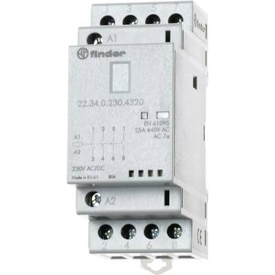 Un relais électrique gris avec plusieurs bornes à vis en haut et en bas, adapté pour 230V AC/DC, portant l'étiquette de marque 'Finder'.
