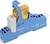 Un module relais Finder de type 95 bleu. P3 avec relais orange, marquage CE et spécifications techniques sur le côté.