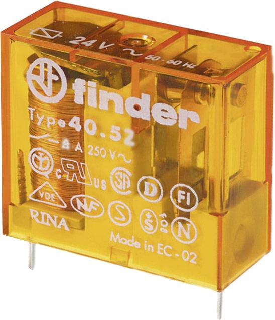 Un relais de type 40.52 Finder jaune avec une tension nominale de 24V et 250V AC. Le boîtier est transparent, montrant la bobine interne et les marquages de marque.