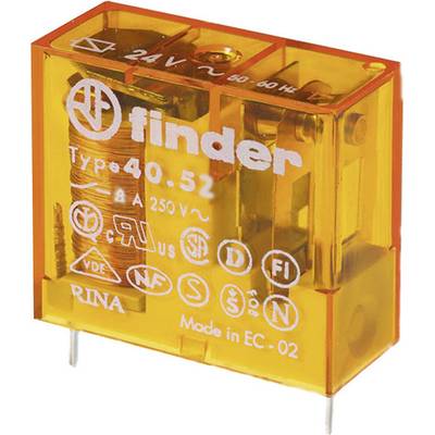 Un relais de type 40.52 Finder jaune avec une tension nominale de 24V et 250V AC. Le boîtier est transparent, montrant la bobine interne et les marquages de marque.