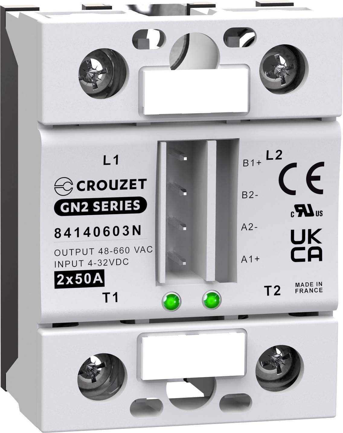 Un composant électrique, identifié comme 'Crouzet GN2 Series', avec des bornes de connexion et des spécifications de 48-660 VAC et 2x50A.