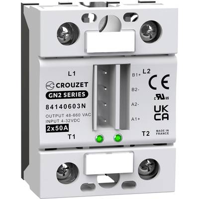 Un composant électrique, identifié comme 'Crouzet GN2 Series', avec des bornes de connexion et des spécifications de 48-660 VAC et 2x50A.