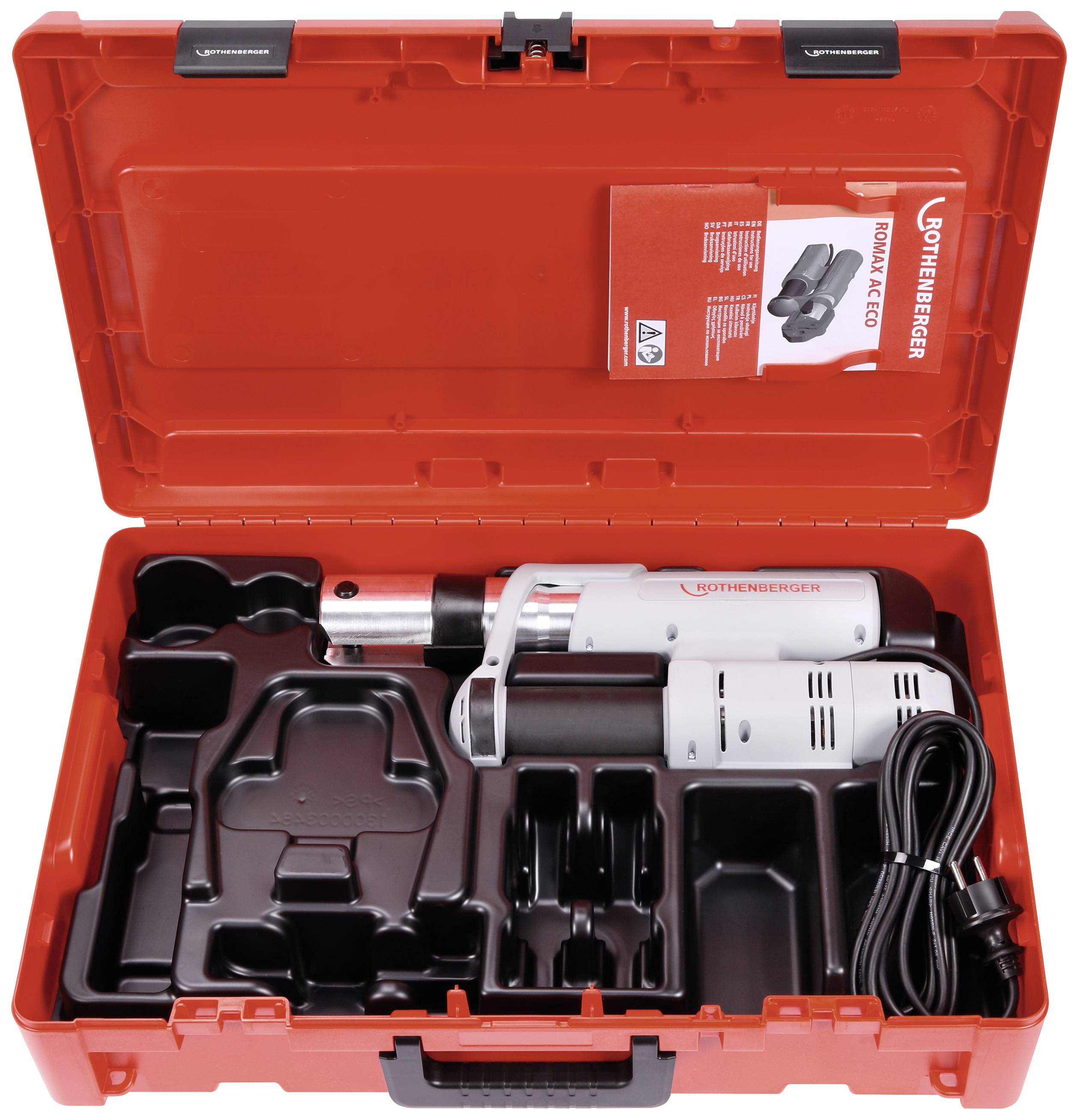 Boîte à outils rouge, ouverte, contenant un coupe-tubes et ses accessoires. Un manuel d'instructions rouge est placé dans le couvercle.