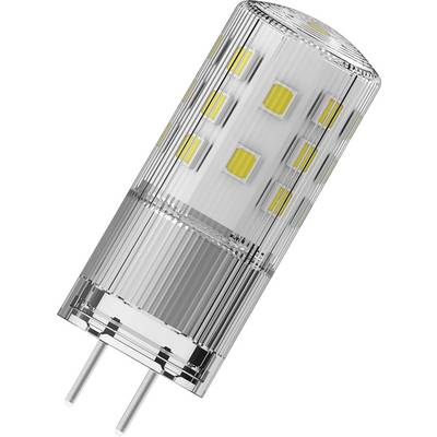 Lampe LED avec boîtier cylindrique transparent et de nombreux points lumineux jaunes sur un socle argenté.