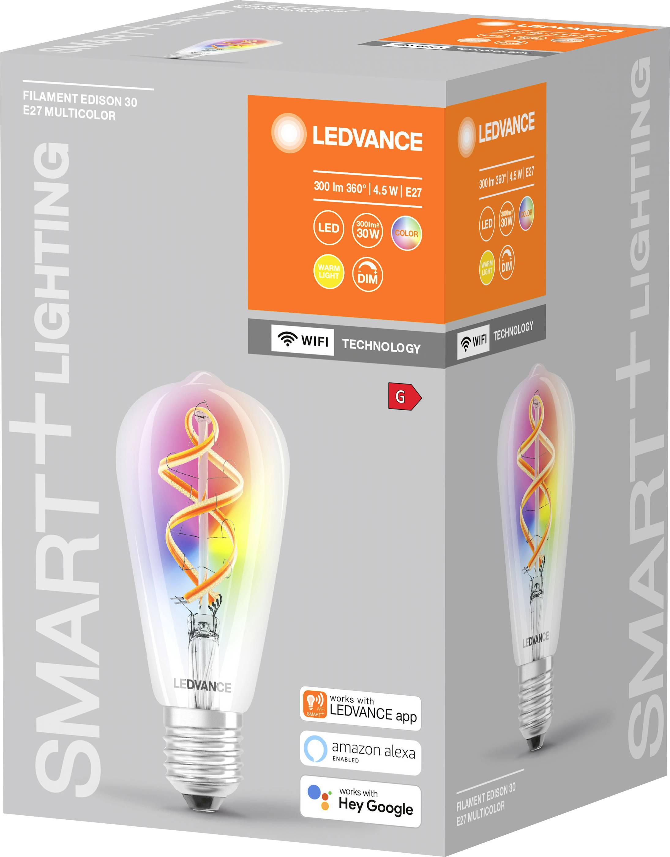 Emballage d'une ampoule LED LEDVANCE Smart+ Filament Edison Multicolore, pilotable par application, compatible avec Amazon Alexa et Google Assistant.