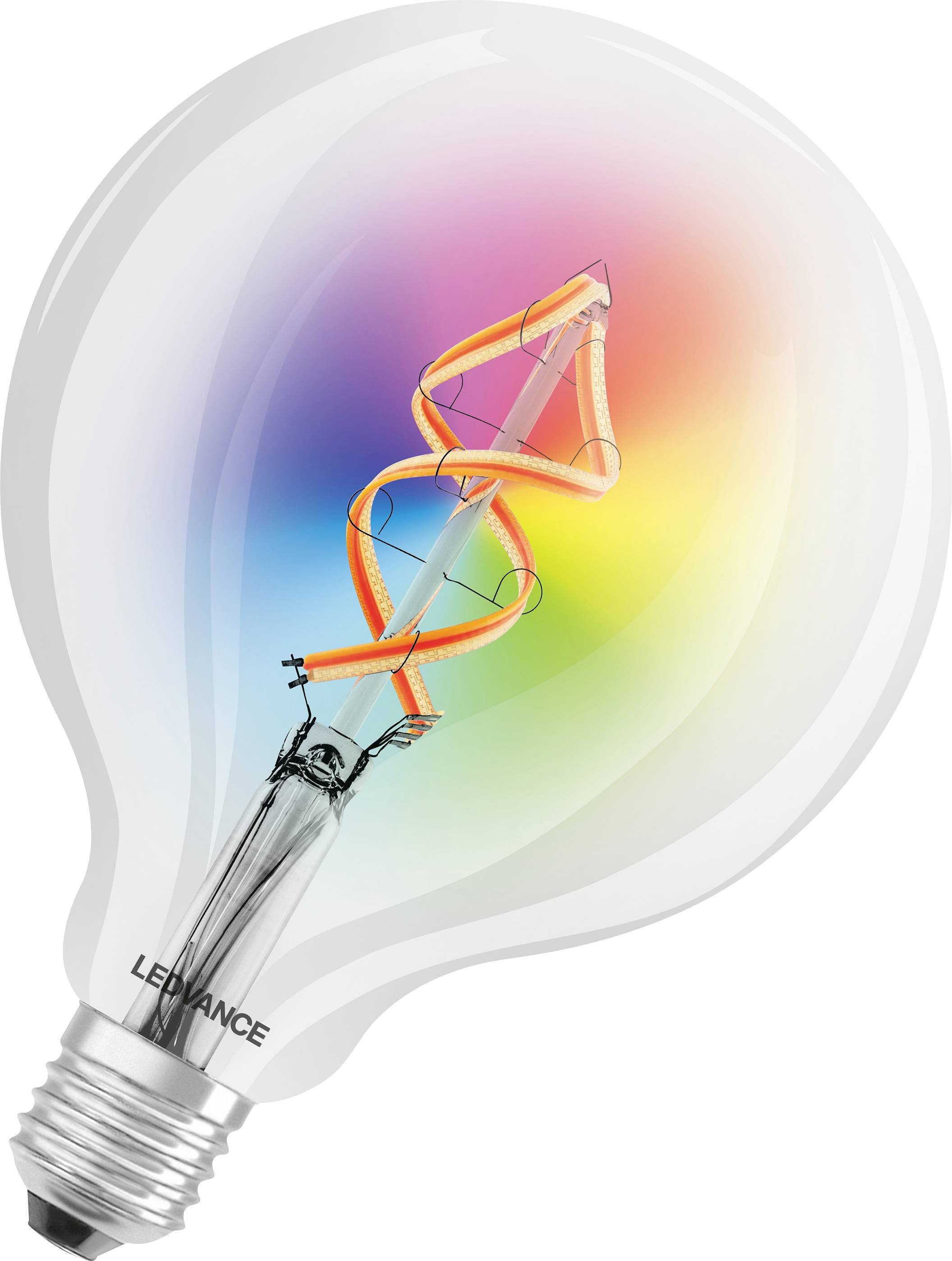 Une ampoule avec un filament arc-en-ciel disposé en motif spiralé, représentant un design vivant et créatif.