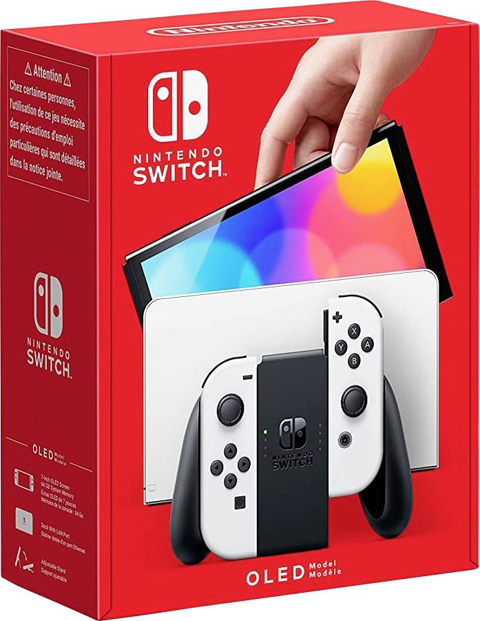 Emballage Nintendo Switch OLED en rouge. Montre la console avec des manettes détachables et un écran lumineux.