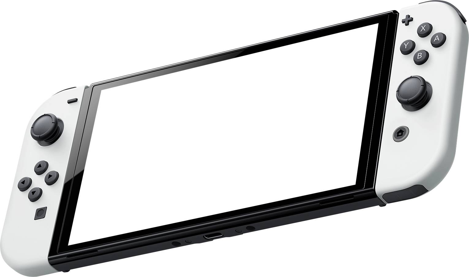 Une console de jeux portable avec des contrôleurs amovibles, des Joy-Con blancs et un grand écran.