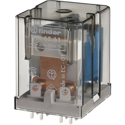 Un relais avec boîtier transparent, type 65.61, 20A, 250V, fabriqué dans la CE. Contacts métalliques et composants électroniques visibles.