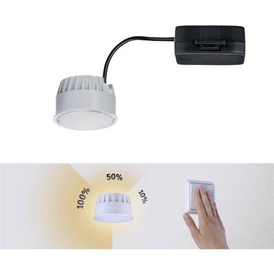 Une lampe LED blanche avec un adaptateur secteur noir connecté. En bas, un symbole de variateur lumineux avec des niveaux de 10 %, 50 % et 100 %. À droite, une main actionnant un interrupteur lumineux.