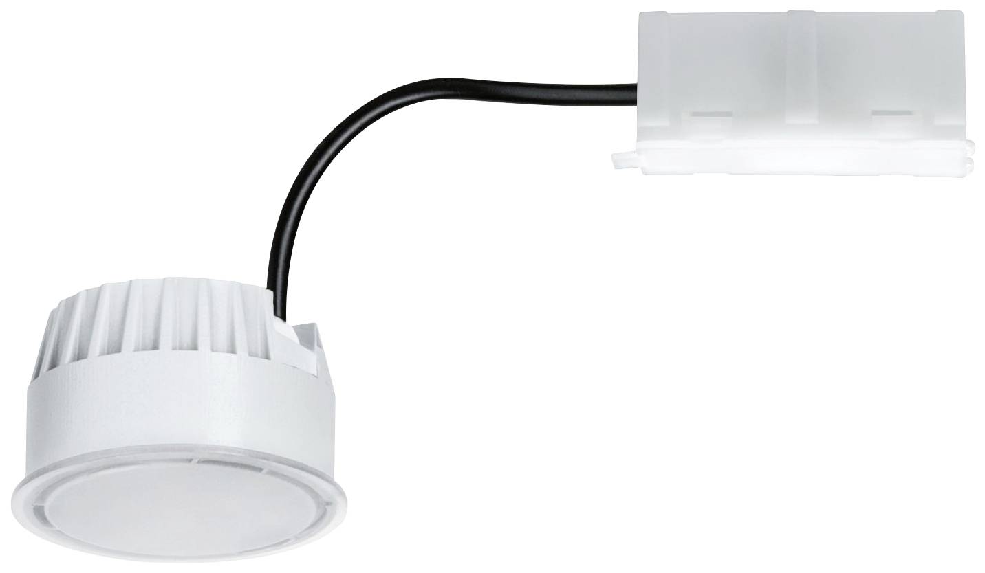 Un spot LED rond avec des ailettes de refroidissement et un câble noir menant à une fiche blanche. Idéal pour une installation au plafond.