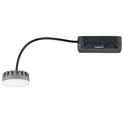 Un spot LED rond en argent avec un transformateur rectangulaire connecté. Le spot est relié par un court câble.