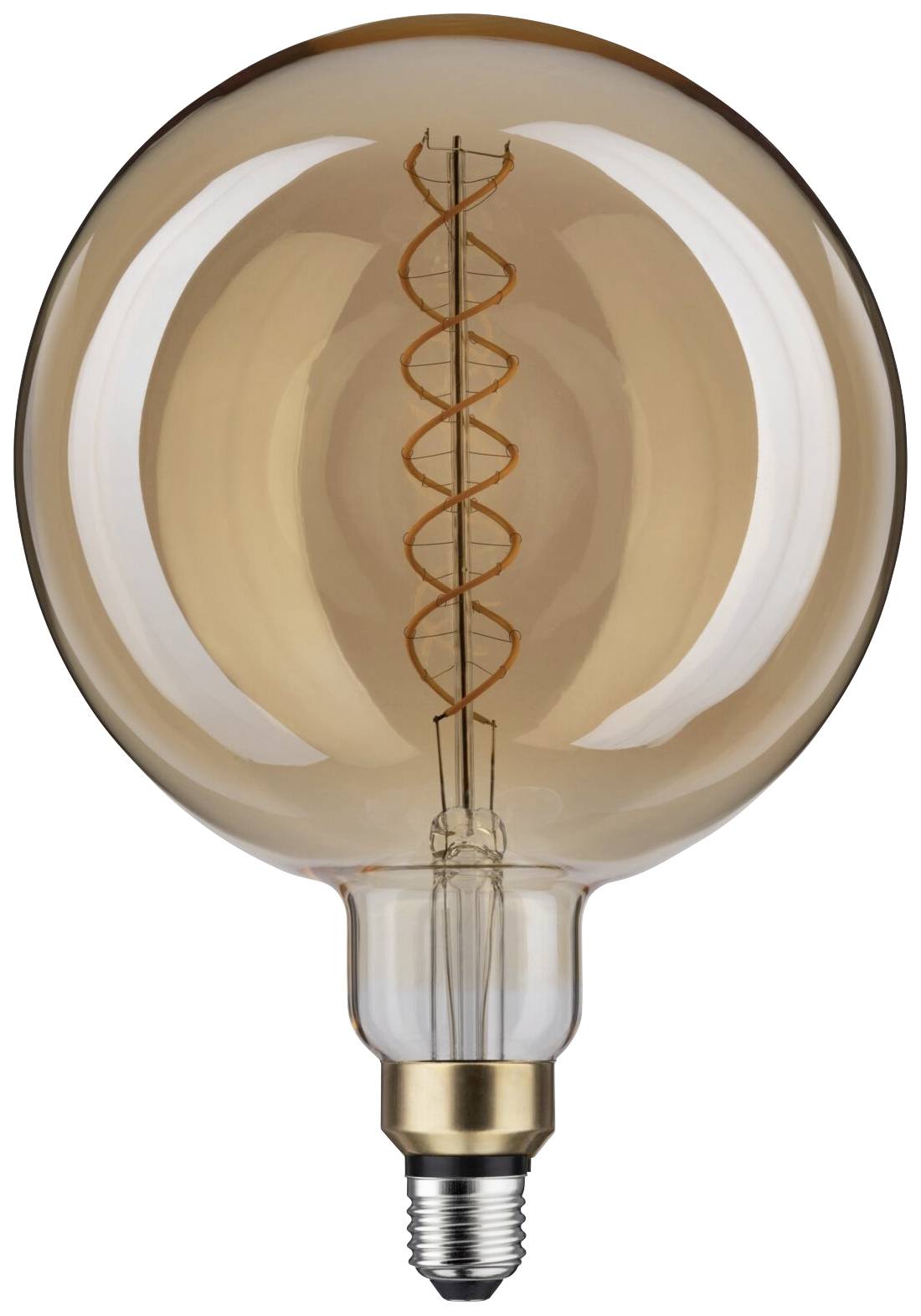 Une grande ampoule ronde avec un filament spiralé visible dans une teinte chaude ambre.