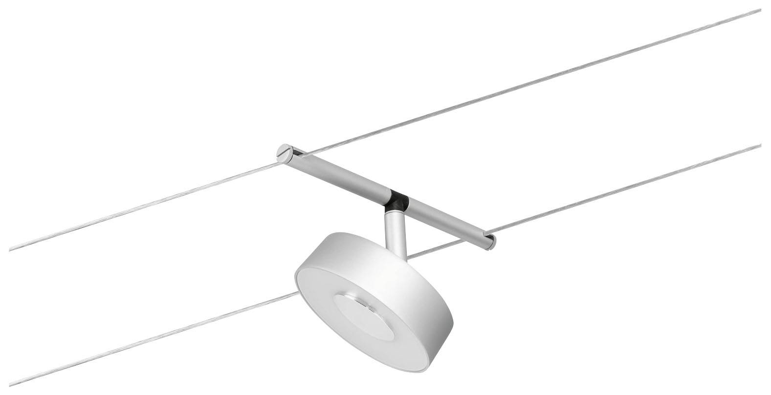 Luminaire LED suspendu, rond et fin, installé sur un câble métallique fin. Design moderne, adapté à l'éclairage des espaces résidentiels ou commerciaux.