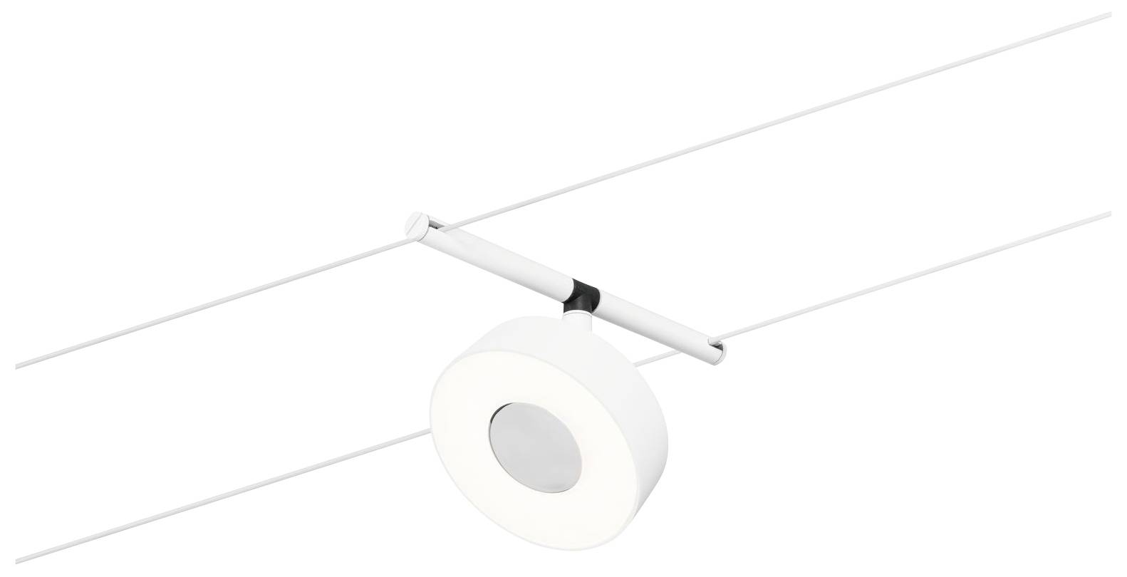 Un projecteur blanc et rond est suspendu à un système de rails étroit et blanc. La lampe est conçue de manière simple et moderne.
