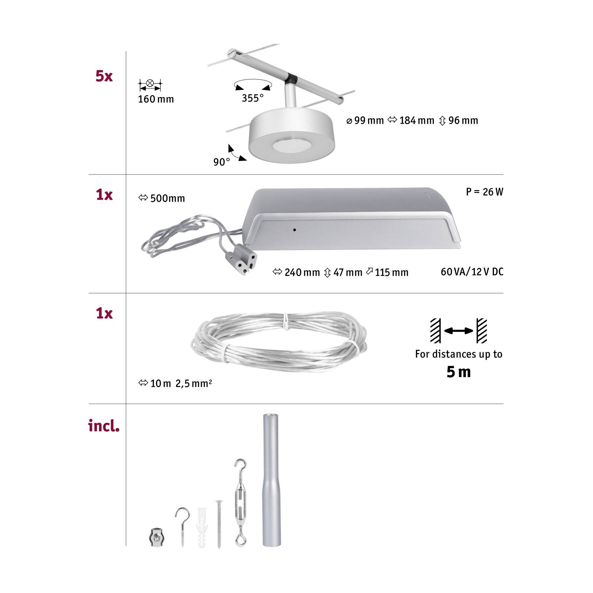 'Kit d'éclairage : Lampe pivotante à 355°, 5 pièces ; Barre lumineuse de 26W, 1 pièce ; Câble jusqu'à 5m. Accessoires inclus.'