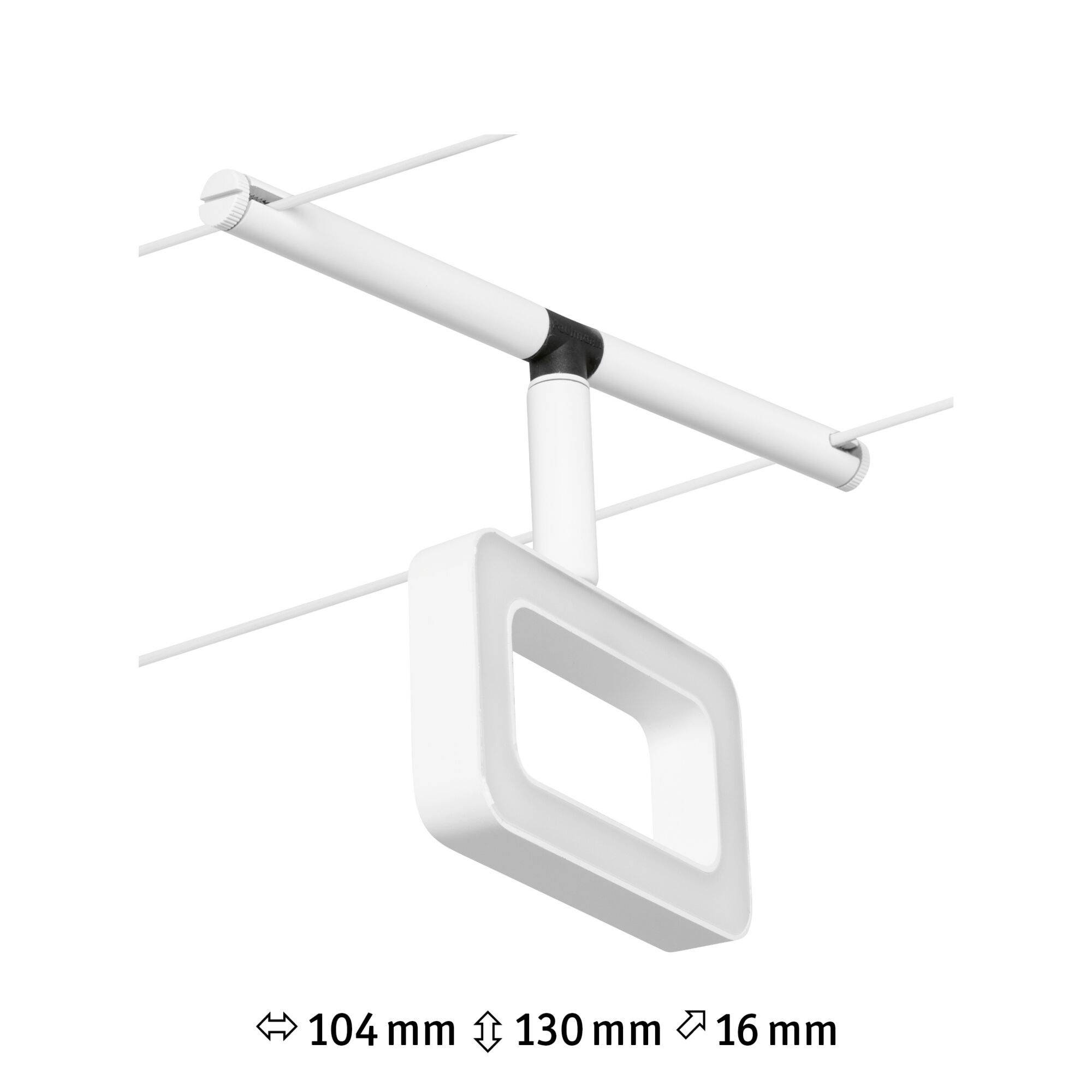 Un système d'éclairage de plafond blanc rectangulaire est monté sur un rail métallique. Dimensions : 104 mm de large, 130 mm de hauteur, 16 mm de profondeur.