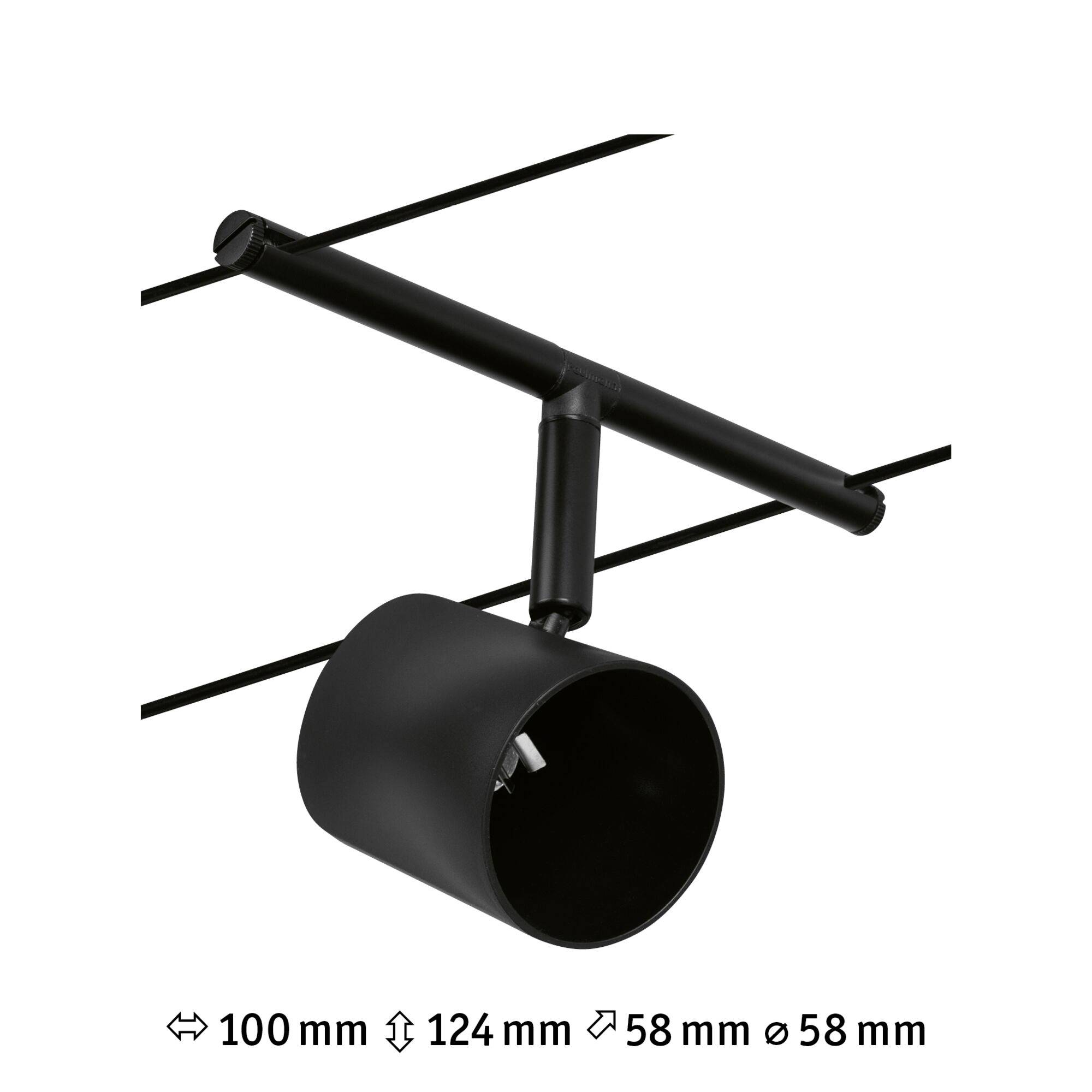Système de rails noir mat avec un projecteur cylindrique, taille : 100 mm x 124 mm, diamètre : 58 mm.
