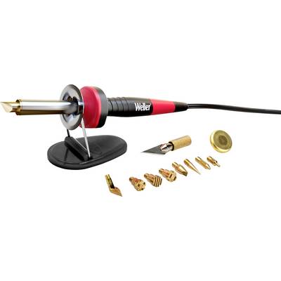 Fer à souder à poignée rouge posé sur un support, entouré de différentes pointes interchangeables et d'un petit outil de coupe.