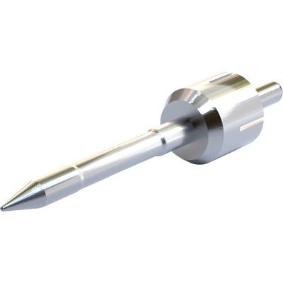 Une pièce métallique argentée et brillante avec une pointe acérée et un corps cylindrique. Elle ressemble à un élément de précision industrielle.
