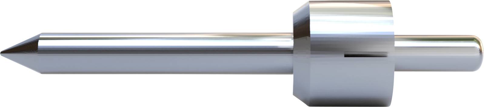 Une tige métallique argentée avec une pointe conique et une poignée cylindrique, probablement un outil de mesure de précision.