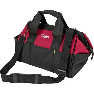 Sac à outils noir et rouge avec poignée et inscription 'Weller'. Design avec sangle d'épaule réglable.