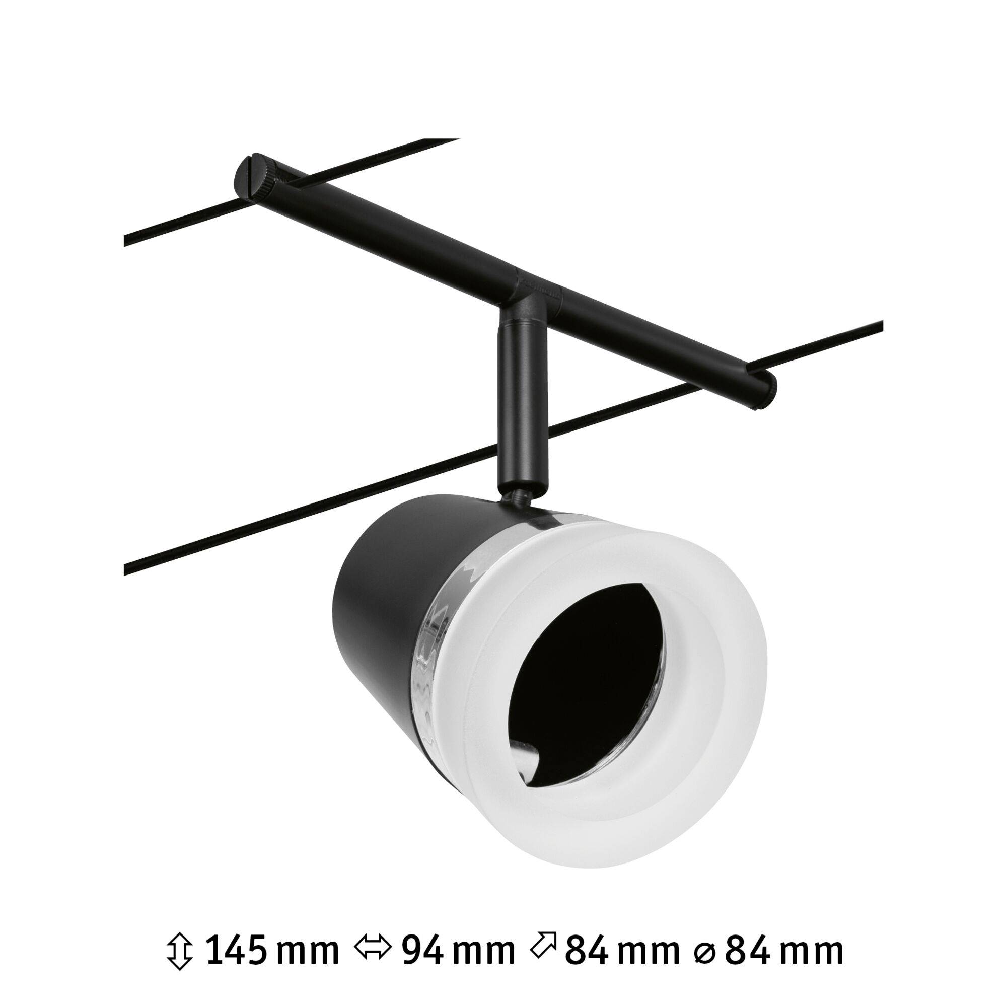 Un plafonnier cylindrique noir avec un anneau intérieur blanc, monté sur une tige horizontale. Dimensions : 145 mm de hauteur, 94 mm de largeur, 84 mm de diamètre.