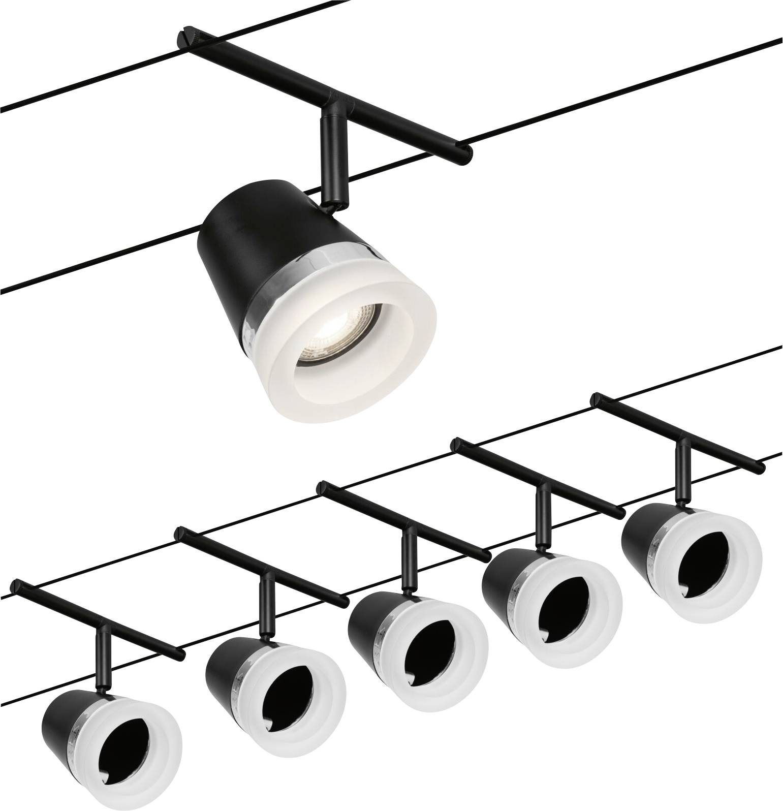 Plafonnier noir avec six spots blancs réglables pour un éclairage flexible des espaces.