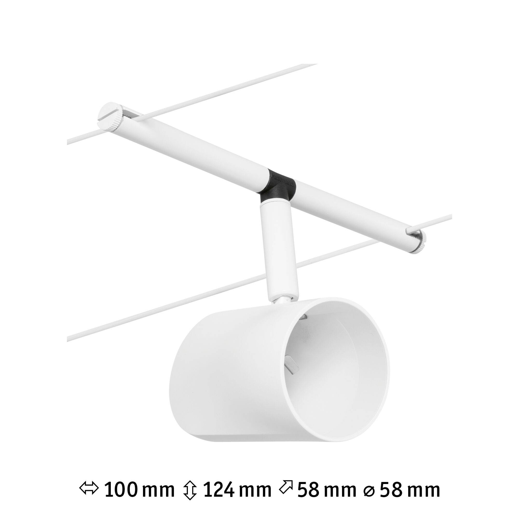 Un projecteur de lampe blanc cylindrique avec une tête orientable sur un support. Dimensions : 100 mm de large, 124 mm de hauteur, 58 mm de diamètre.