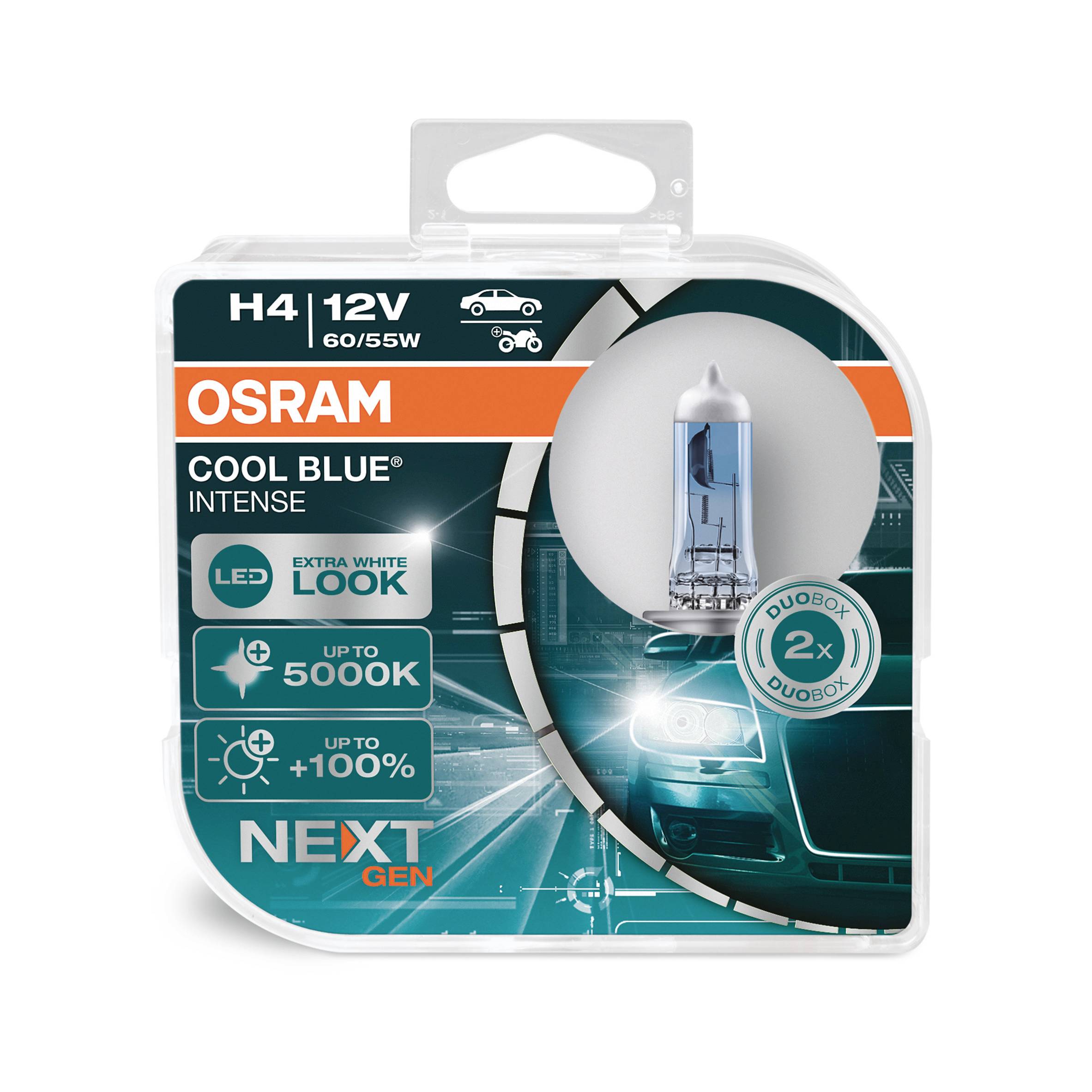 Un emballage de lampes pour voiture Osram H4 12V, type 'Cool Blue Intense'. Offre une température de couleur de 5000K et jusqu'à 100% de luminosité en plus.