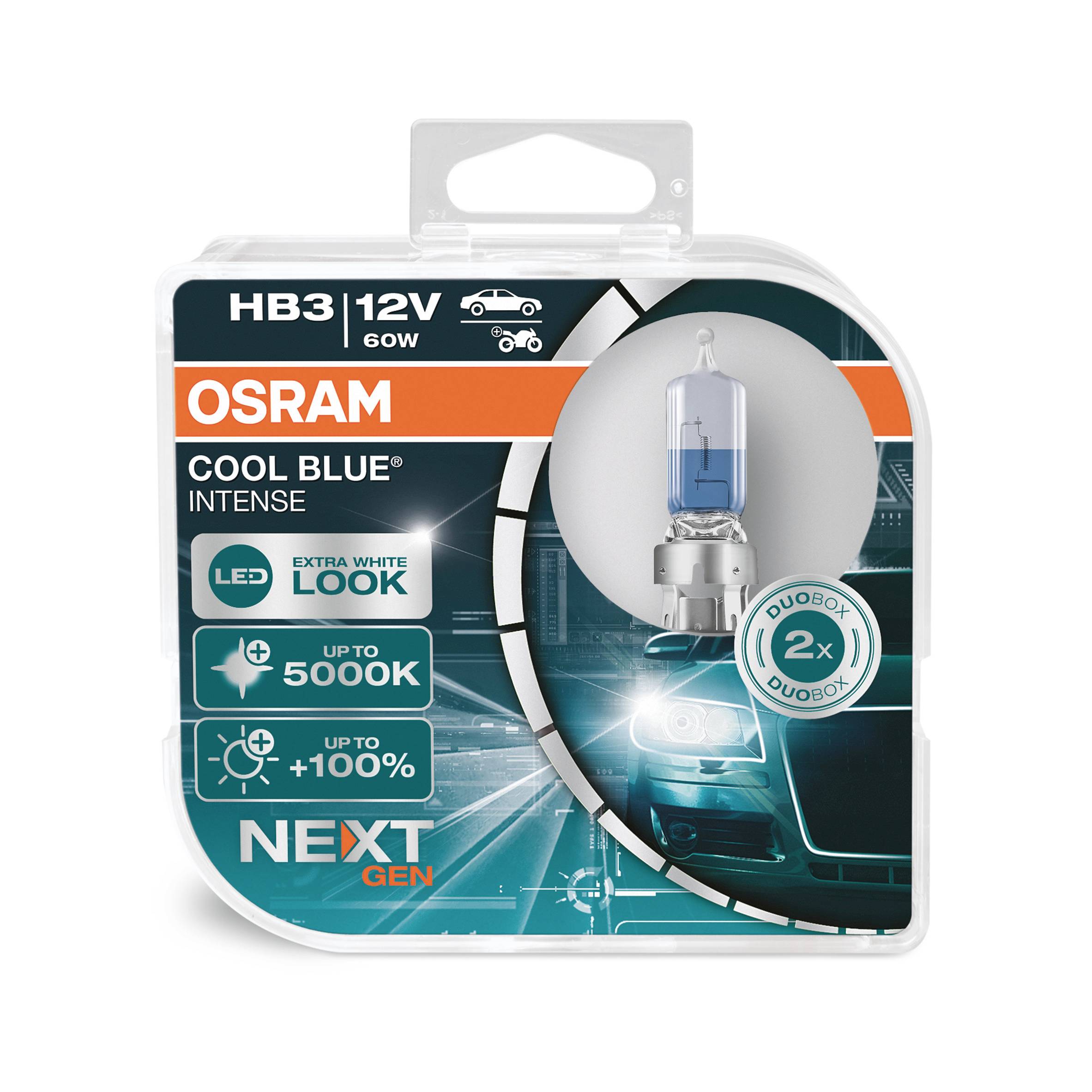 Une ampoule pour voiture HB3 de 60W bleue d'OSRAM, conditionnée dans un boîtier transparent avec les inscriptions 'COOL BLUE INTENSE' et 'jusqu'à 5000K'.