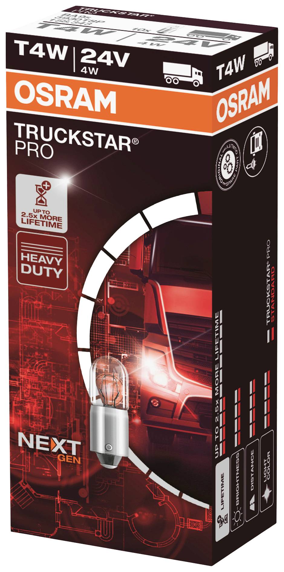 Emballage d'une ampoule OSRAM TRUCKSTAR PRO, 24V, 4W, présentant l'image d'un camion et mettant en avant sa durabilité et sa robustesse par des symboles.