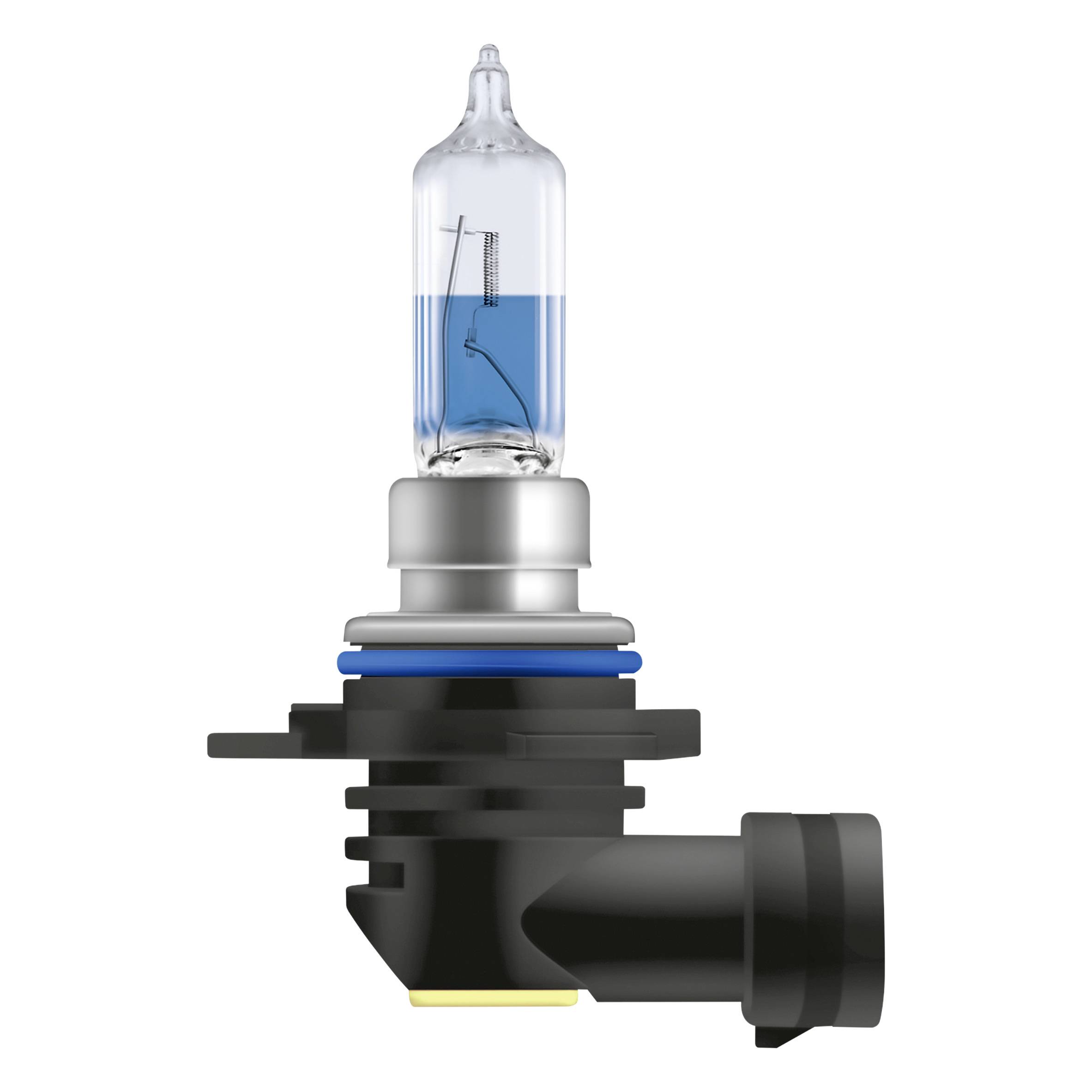 Une lampe halogène en verre bleu avec un socle noir, vue de côté. Elle est couramment utilisée dans les phares de voiture.