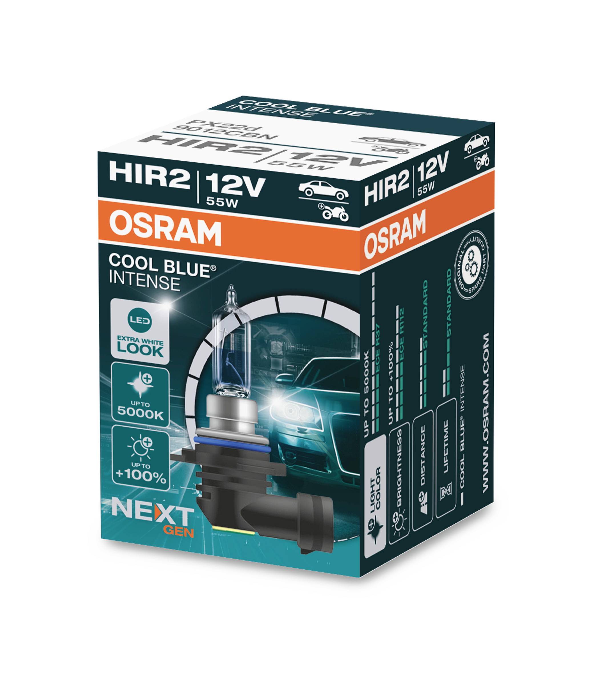 Une ampoule automobile Osram HIR2 12V 55W, Cool Blue Intense, représentée sur l'emballage. Promet un look LED avec une température de couleur allant jusqu'à 5000K.