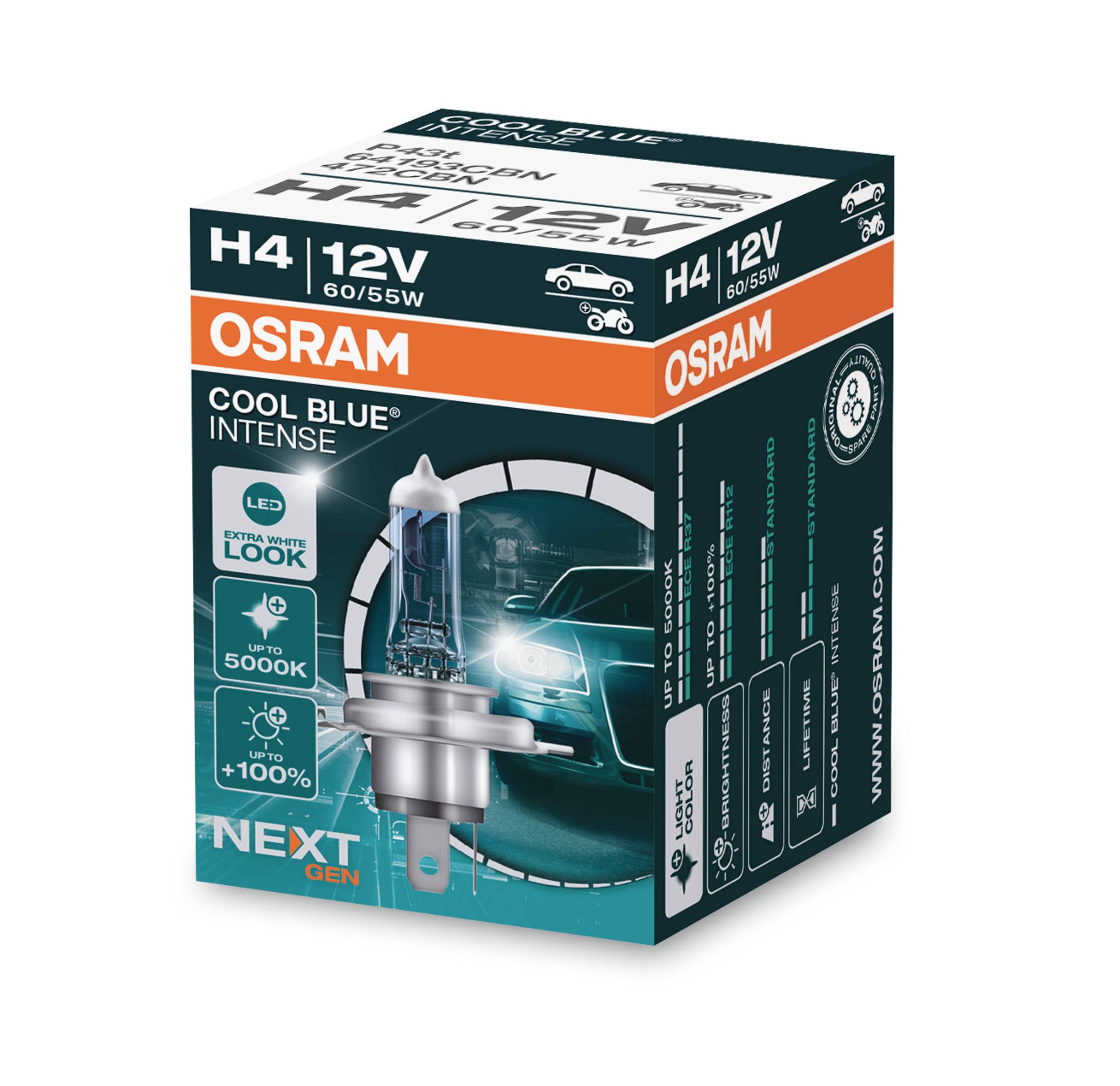 Osram H4 12V Ampoule auto, mettant en avant 'Cool Blue Intense' avec un aspect LED et jusqu'à 5000K pour un look de phare amélioré.