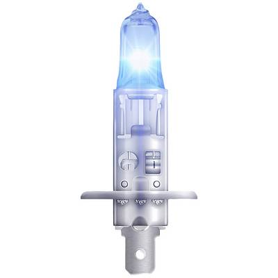 Lampe halogène à pointe bleue. En haut, une lumière vive brille. Base métallique argentée avec plusieurs contacts et détails.